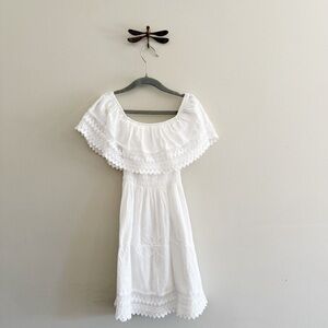 Peruvian Cotton White Embroidered Boho Off-Shoulder Dress with Lace Details